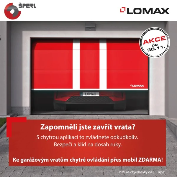 Lomax - Garážová vrata. Ke garážovým vratům, cyhtré ovládání přes mobil zdarma. Akce platí na objednávky od 15.10.2024